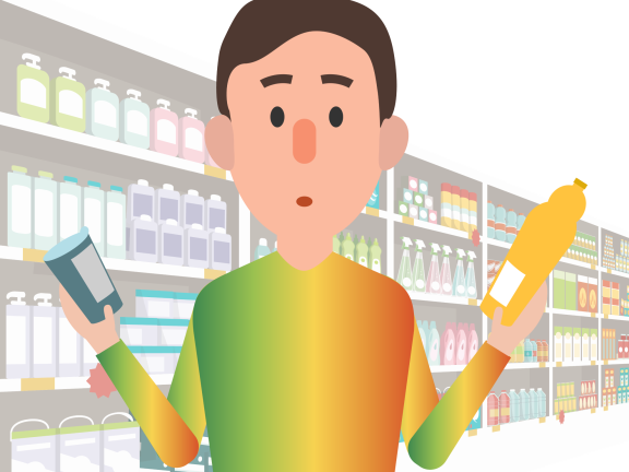 Grafika w kolorach Nutri-Score pokazująca zagubionego konsumenta przy półce sklepowej