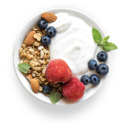 bowl with yogurt, muesli, almonds and fruits